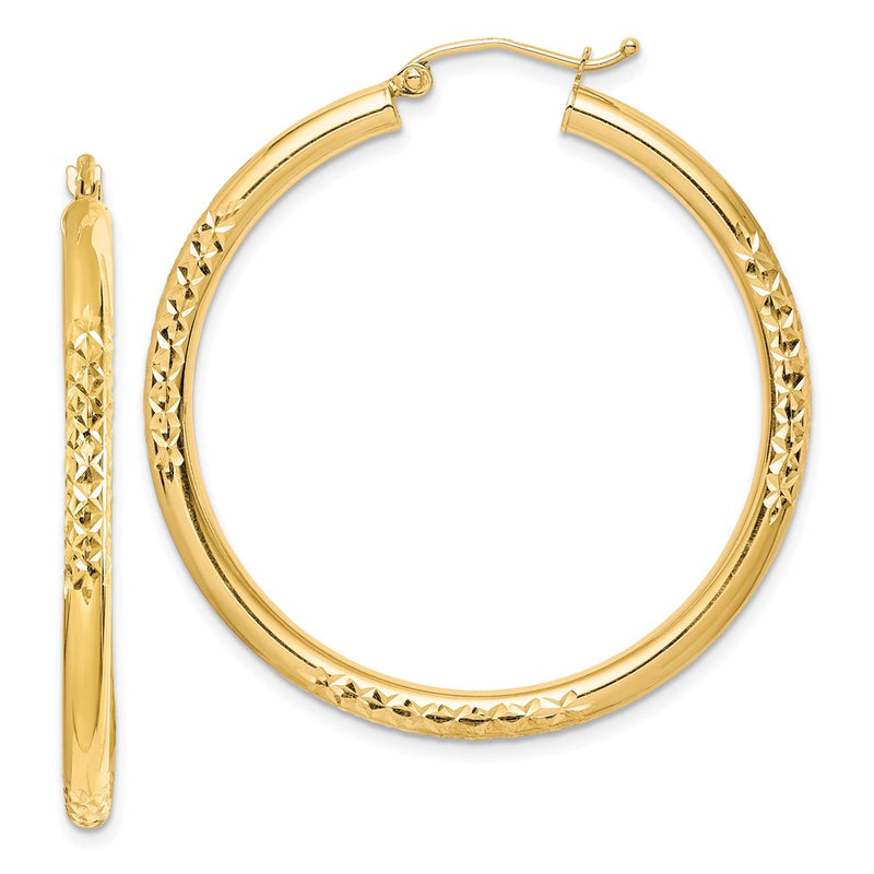 10K Yellow Gold Diamond Cut 3X40mm Hollow Tube Hoop Earrings