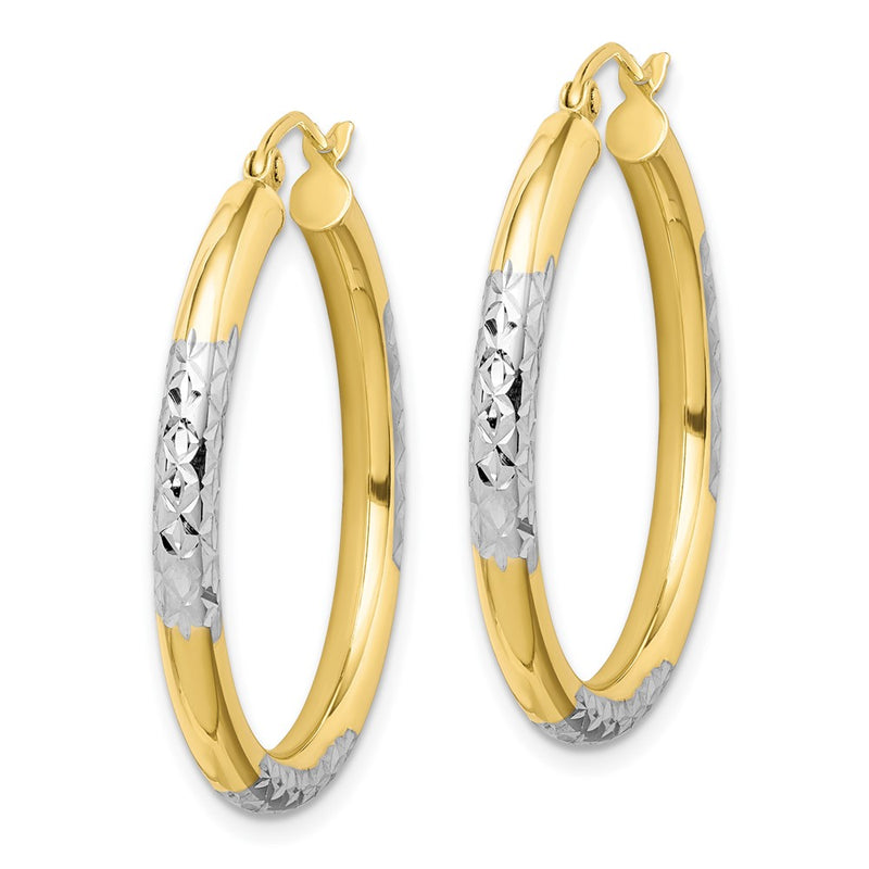 10K Yellow W/Rhodium & Rhodium Diamond Cut 3mm Hoop Earrings