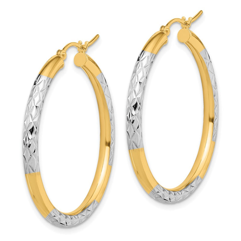 10K Yellow W/Rhodium & Rhodium Diamond Cut 3mm Hoop Earrings