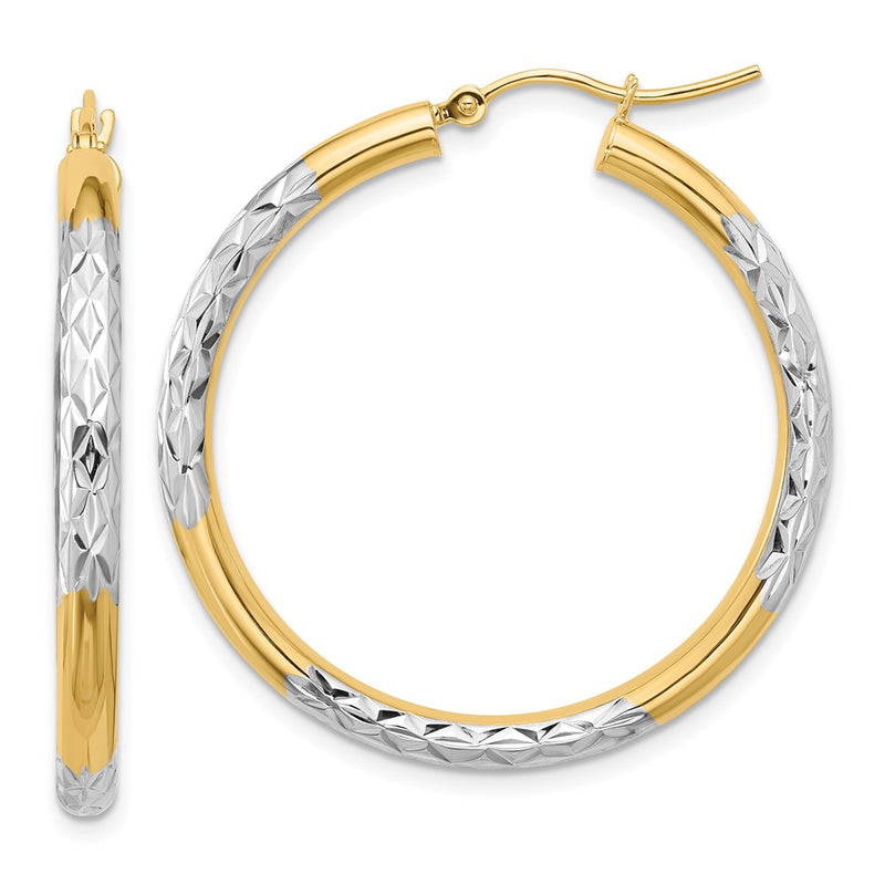 10K Yellow W/Rhodium & Rhodium Diamond Cut 3mm Hoop Earrings