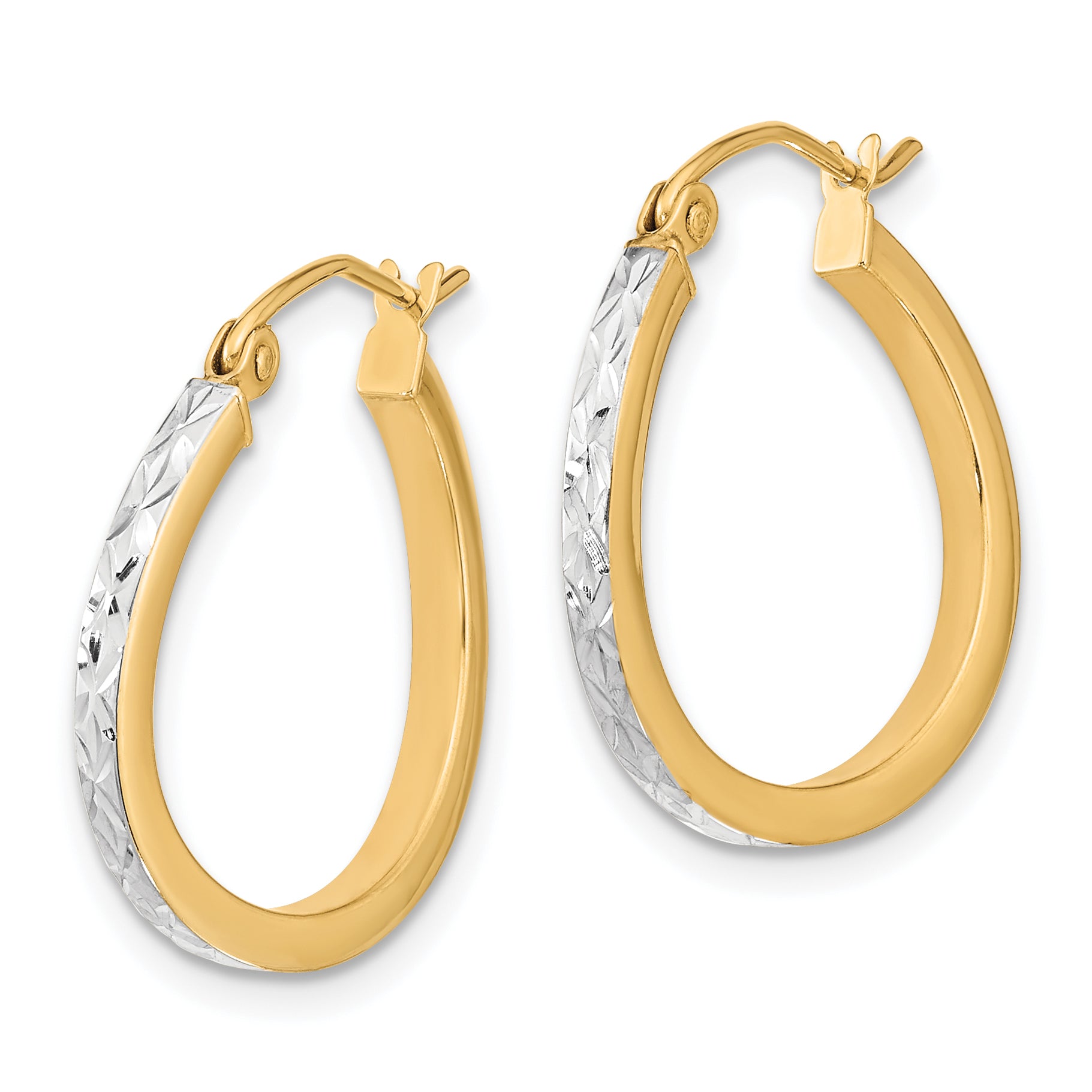 10K Yellow W/Rhodium & Rhodium Diamond Cut Textured Wavy Hoop Earrings