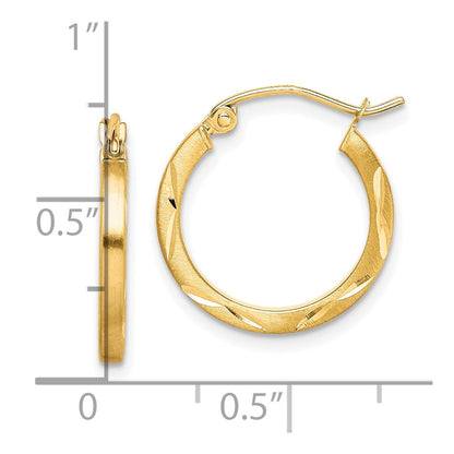 10K Yellow Gold Satin Diamond Cut 2X20mm Hoop Earrings