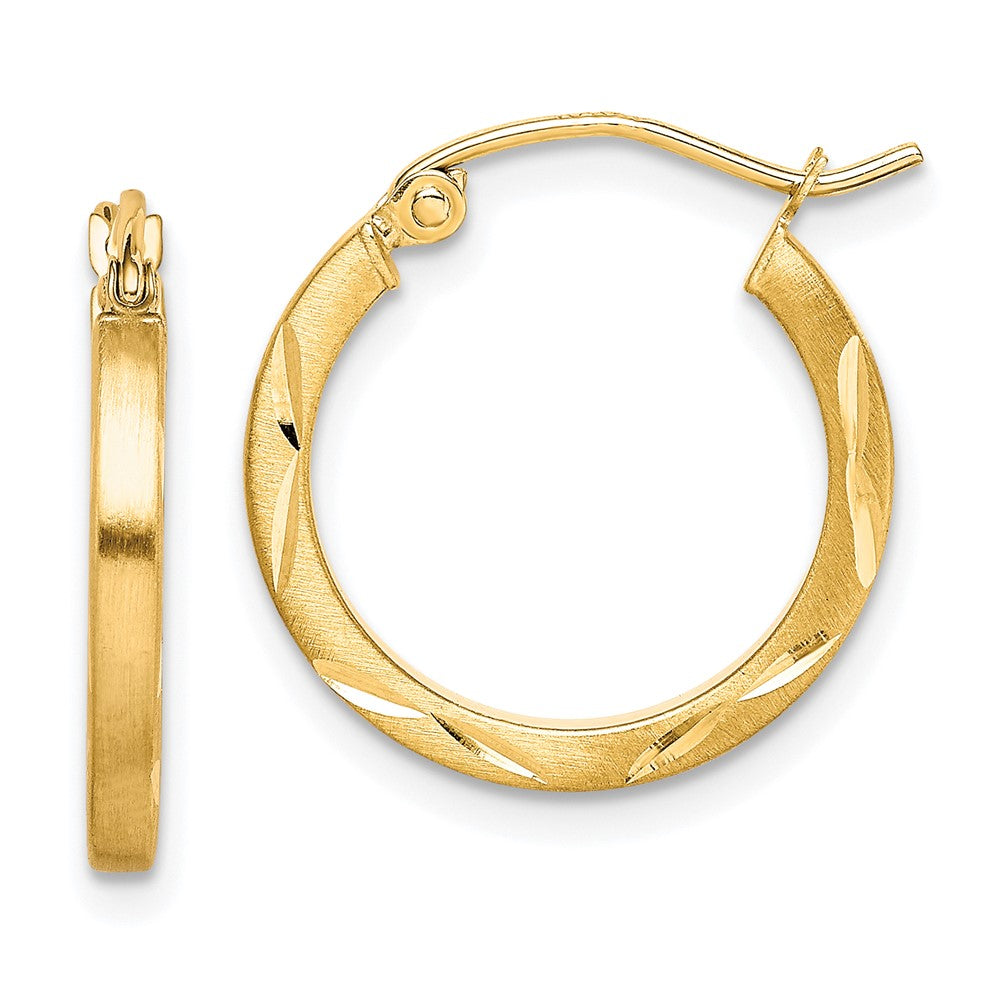 10K Yellow Gold Satin Diamond Cut 2X20mm Hoop Earrings