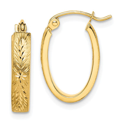 10K Yellow Gold Brushed Diamond Cut Oval Hoop Earrings
