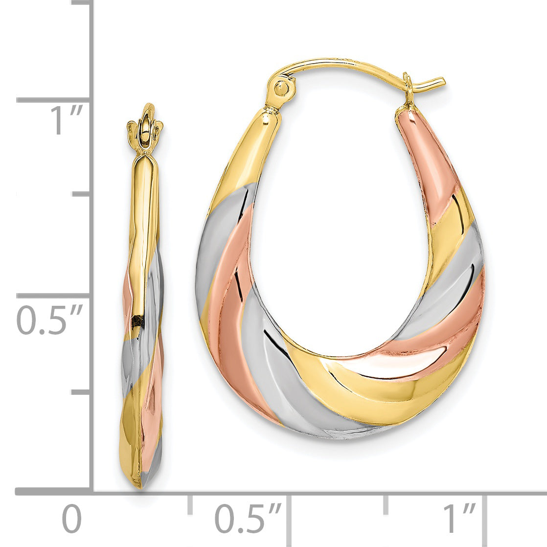 10K Yellow W/Rhodium And Rhodium Oval Scalloped Hollow Hoop Earrings