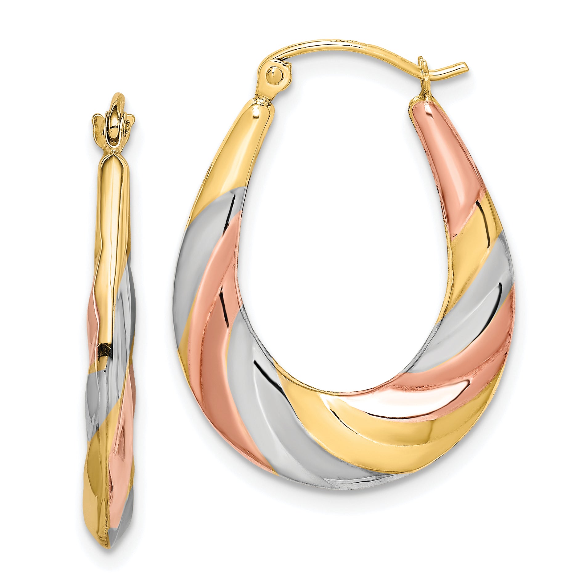 10K Yellow W/Rhodium And Rhodium Oval Scalloped Hollow Hoop Earrings
