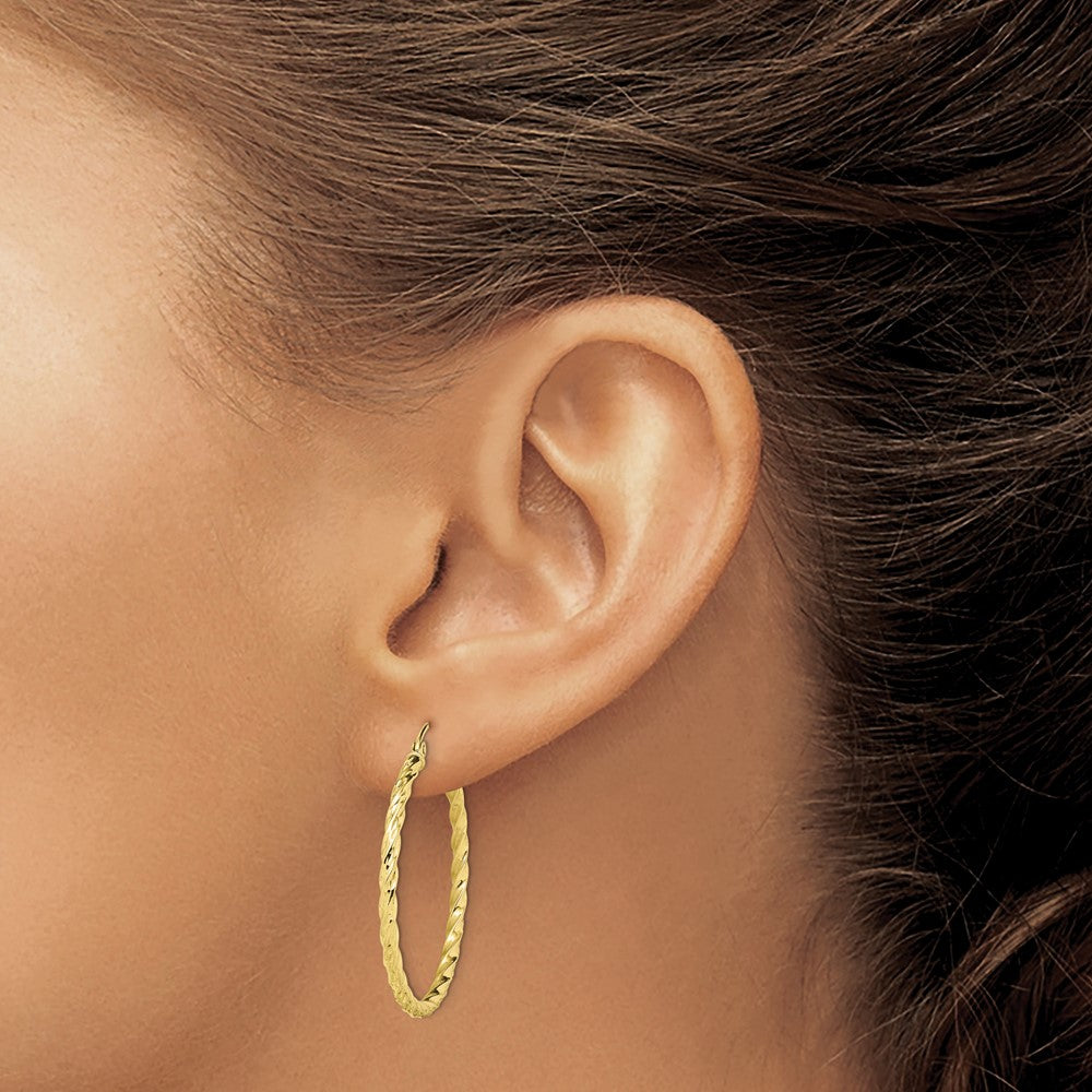 10K Yellow Gold Twisted Diamond Cut 35mm Hoop Earrings