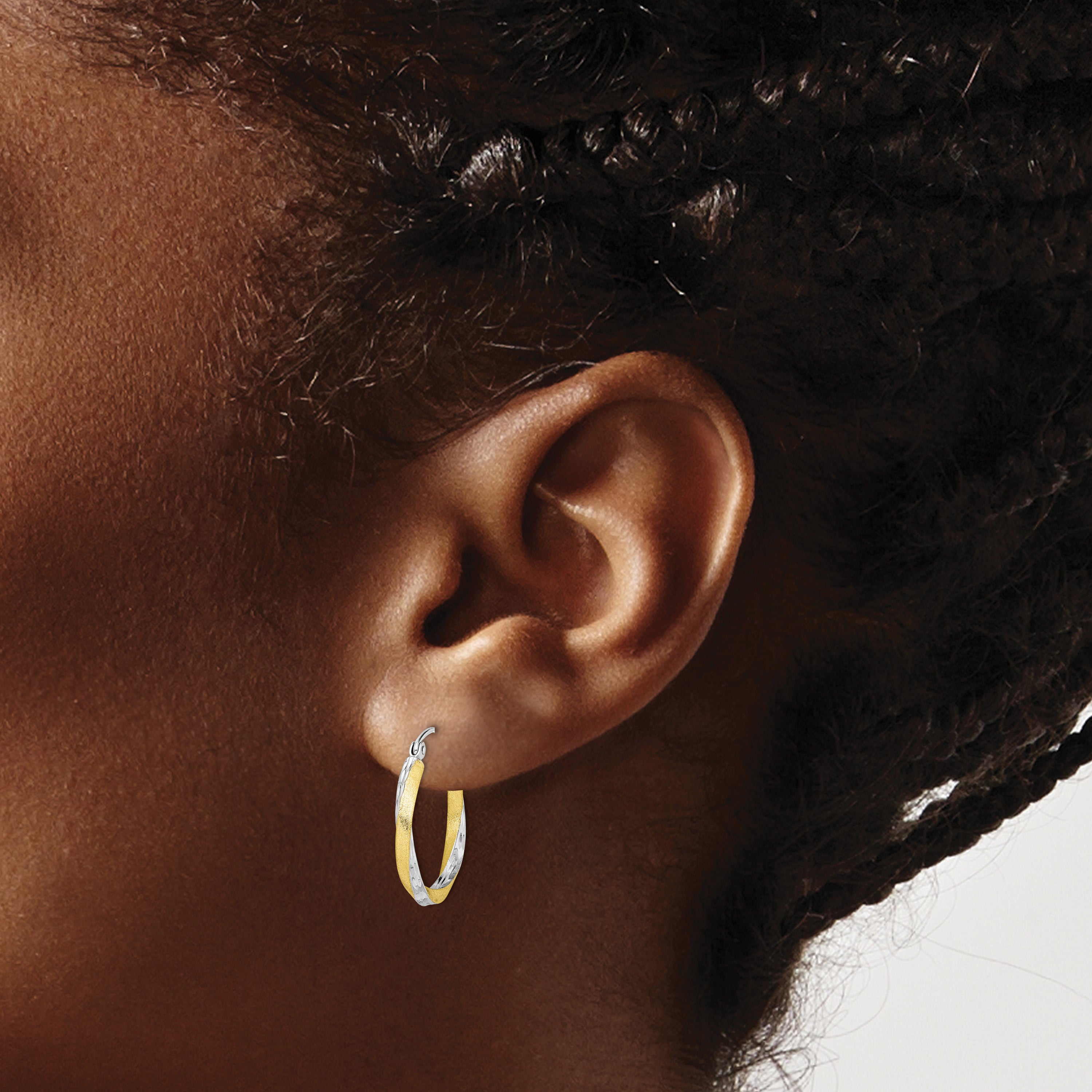 10K Yellow W/Rhodium & Rhodium Diamond-Cut 2.5mm Twisted Hoop Earrings