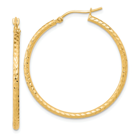 10K Yellow Gold Diamond-Cut 2mm Round Tube Hoop Earrings
