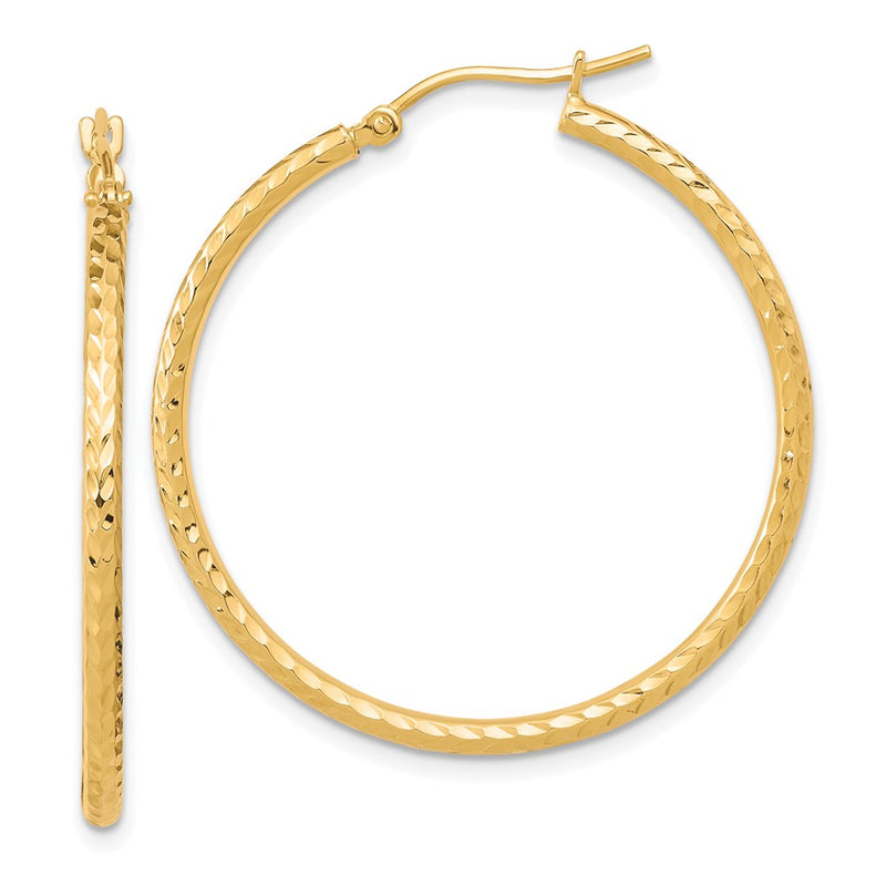 10K Yellow Gold Diamond-Cut 2mm Round Tube Hoop Earrings