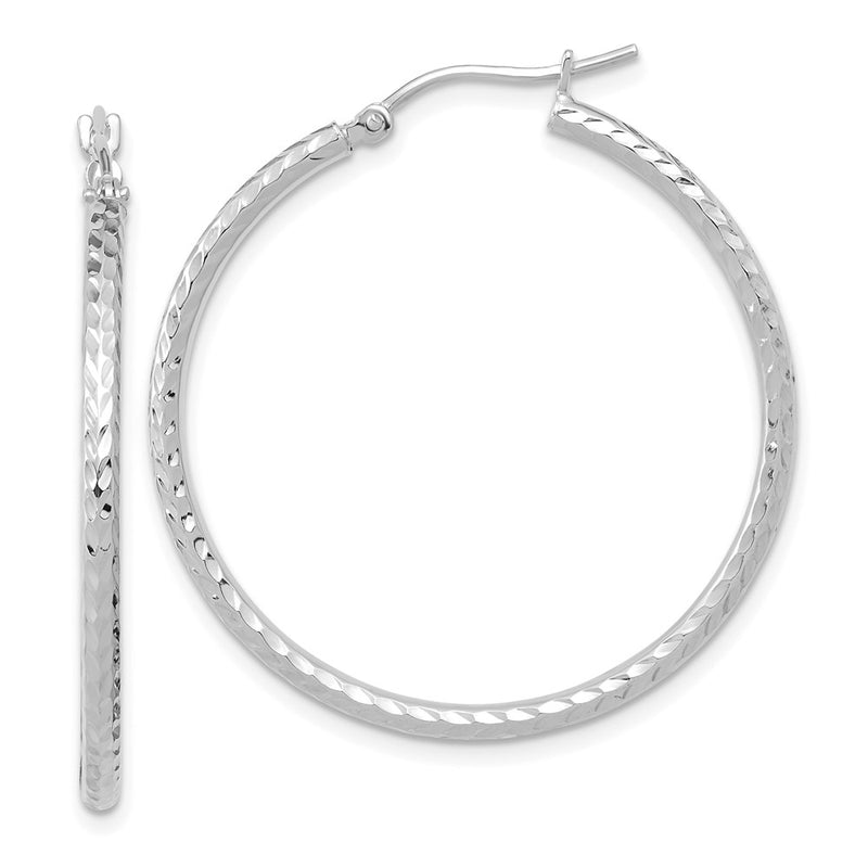 10K White Gold Diamond-Cut 2mm Round Tube Hoop Earrings