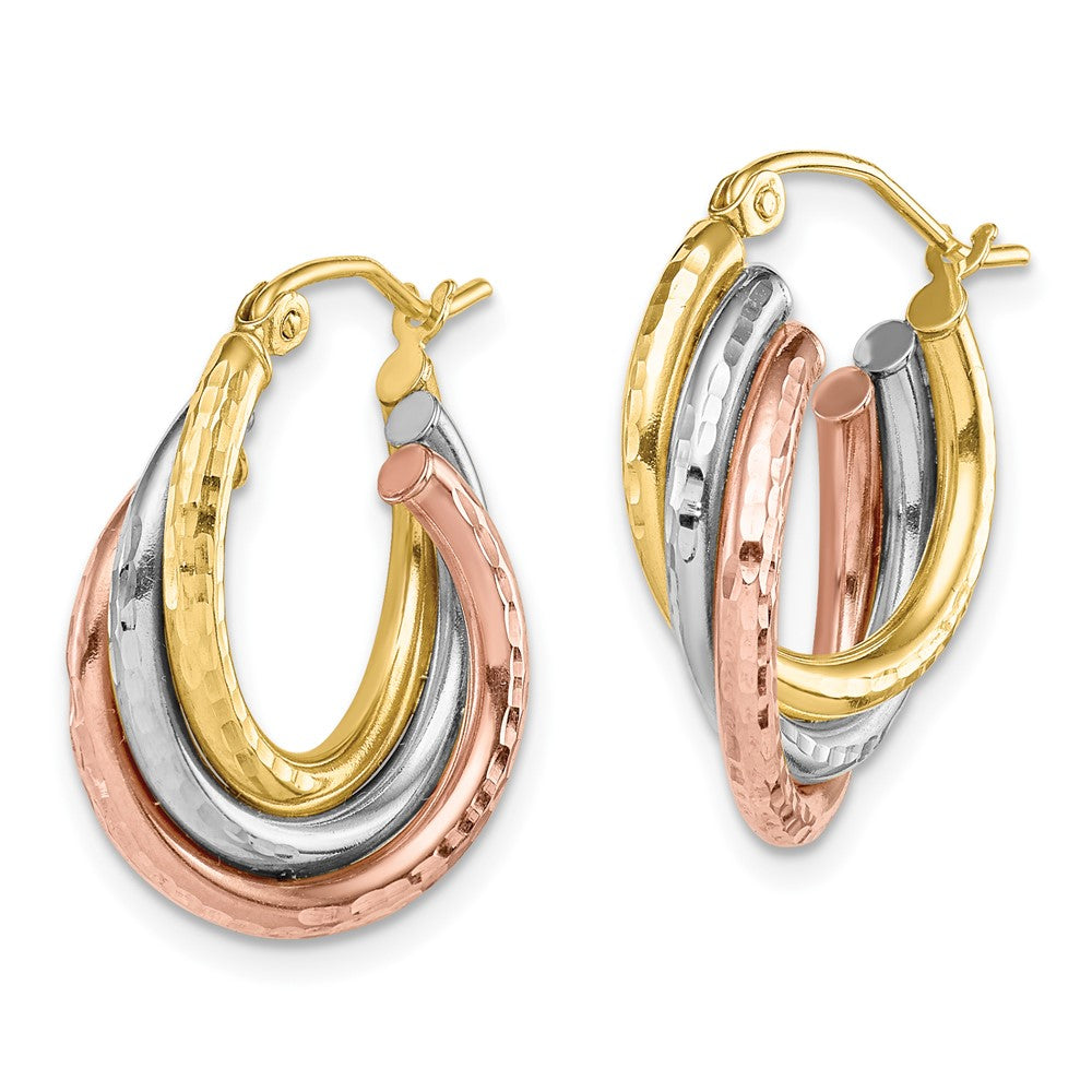 10K Tri Color Tri-Color Diamond-Cut Triple Hoop Earrings