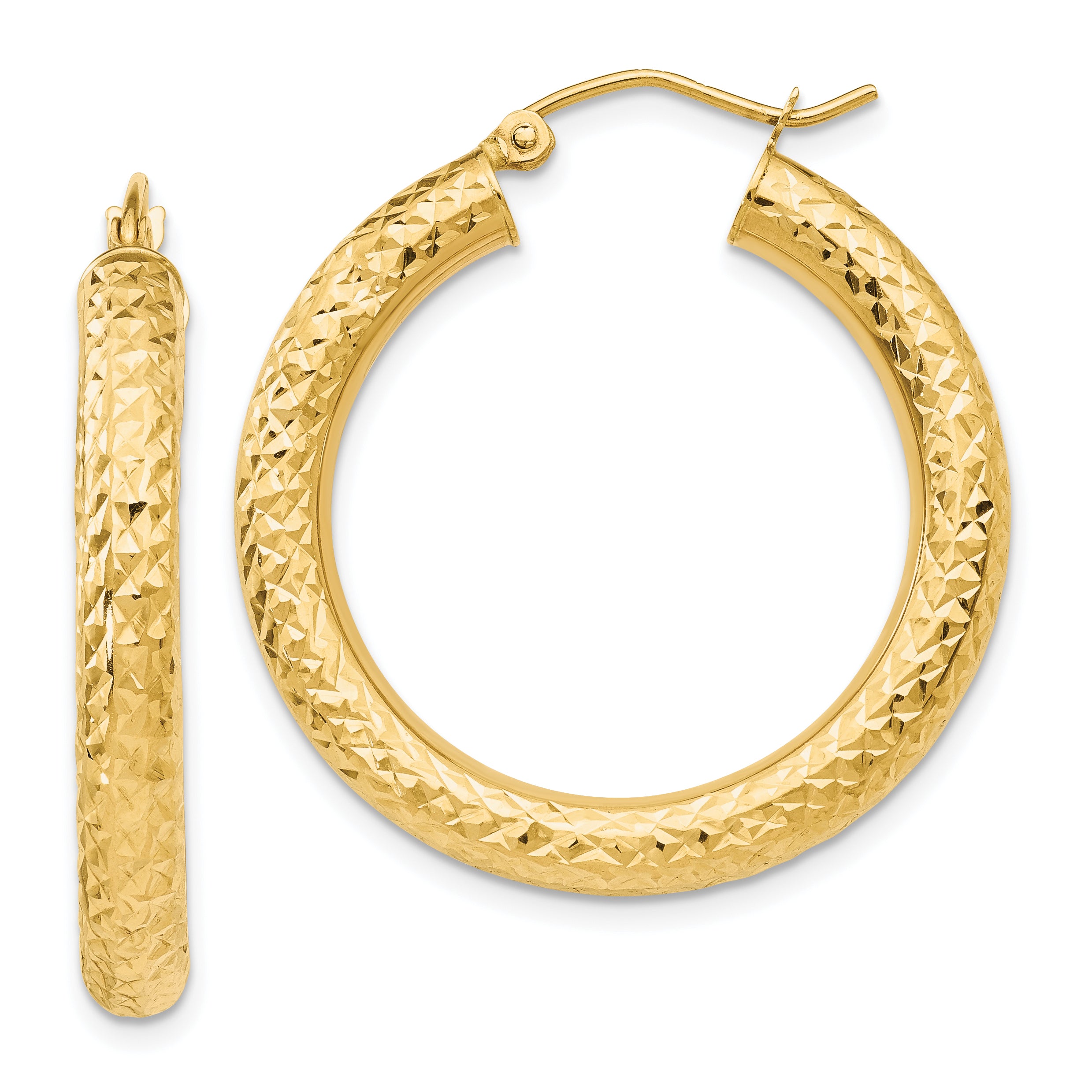10K Yellow Gold Diamond-Cut 4mm Round Hoop Earrings