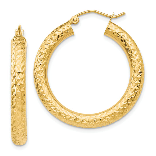 10K Yellow Gold Diamond-Cut 4mm Round Hoop Earrings