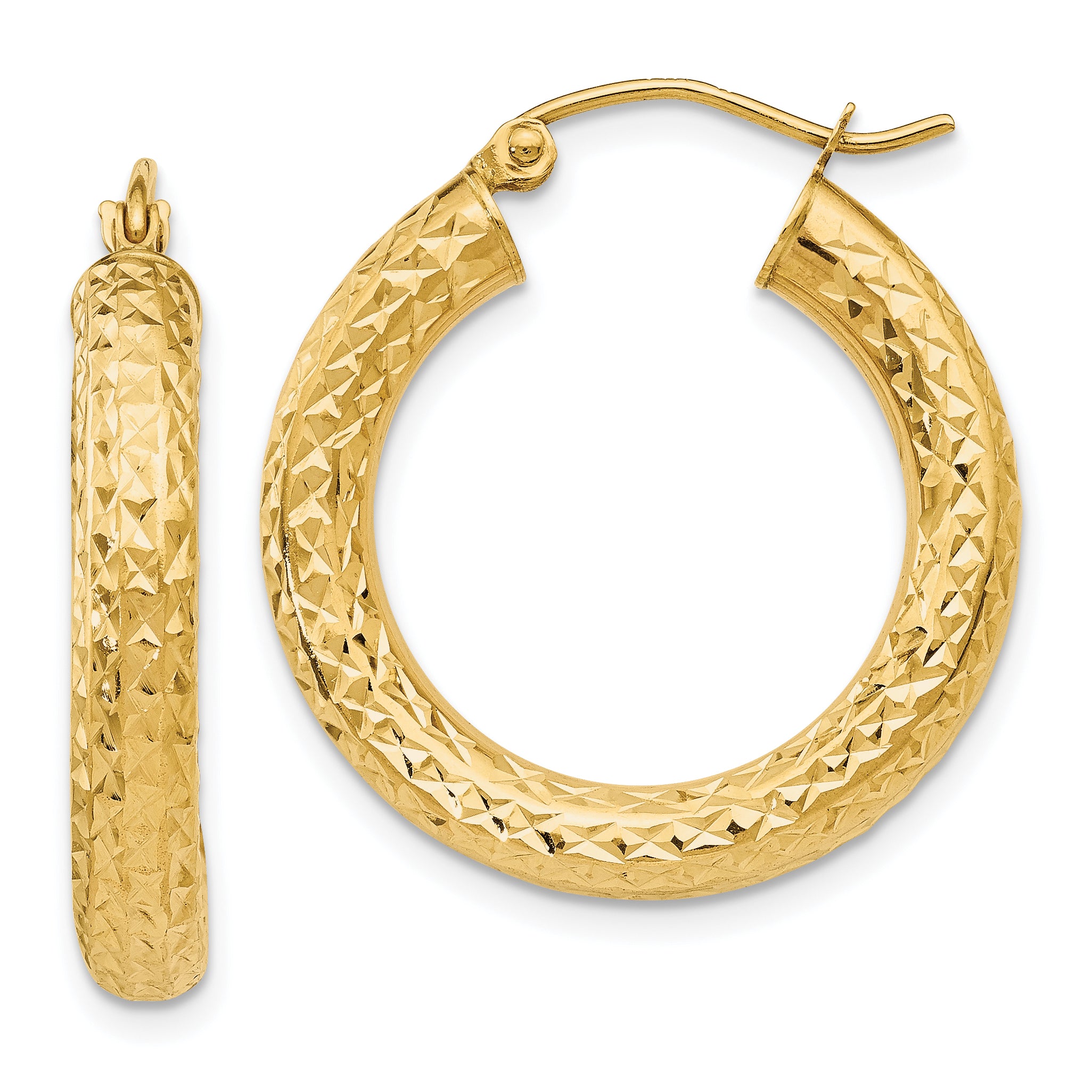 10K Yellow Gold Diamond-Cut 4mm Round Hoop Earrings