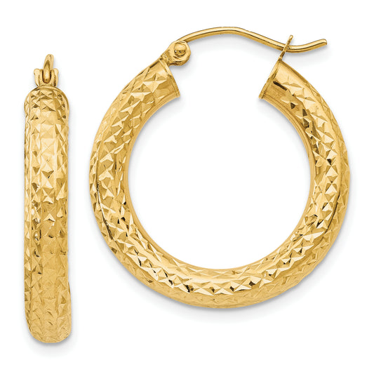 10K Yellow Gold Diamond-Cut 4mm Round Hoop Earrings