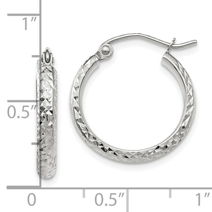 10K White Gold Diamond-Cut 2.8X18mm Hollow Hoop Earrings