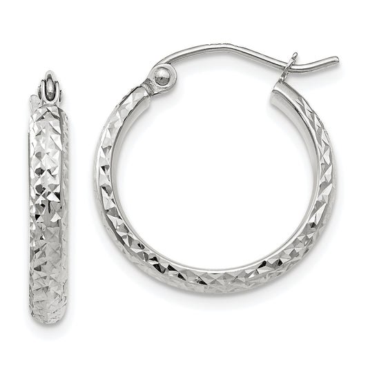 10K White Gold Diamond-Cut 2.8X18mm Hollow Hoop Earrings