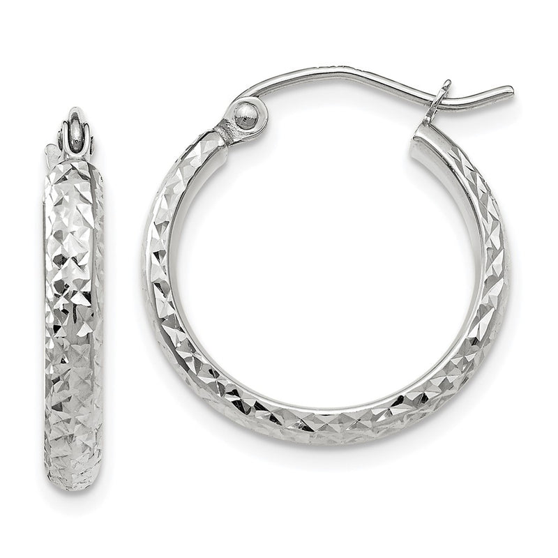 10K White Gold Diamond-Cut 2.8X18mm Hollow Hoop Earrings