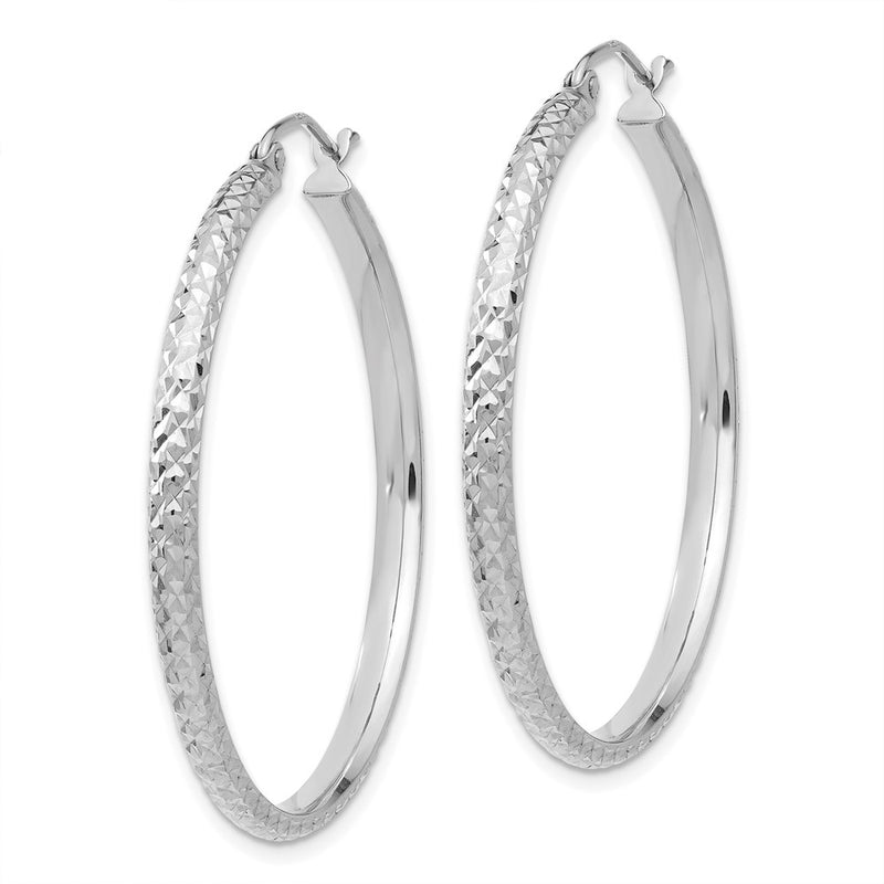 10K White Gold Diamond-Cut 2.8X37mm Hollow Hoop Earrings