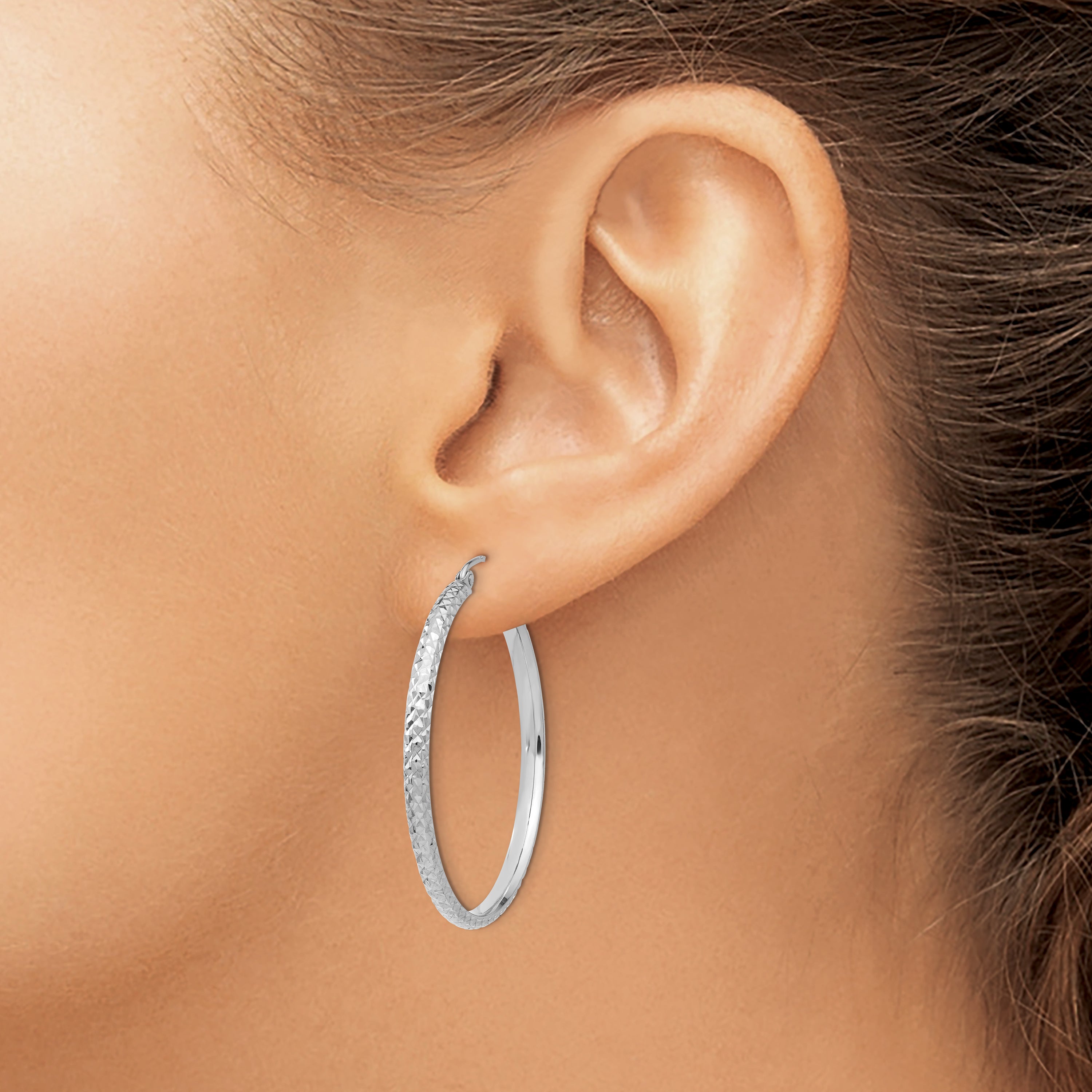 10K White Gold Diamond-Cut 2.8X37mm Hollow Hoop Earrings