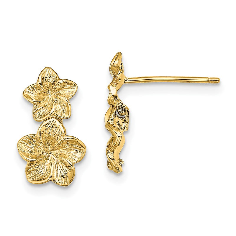 10K Yellow Gold Double Plumeria Flower Post Dangle Earrings