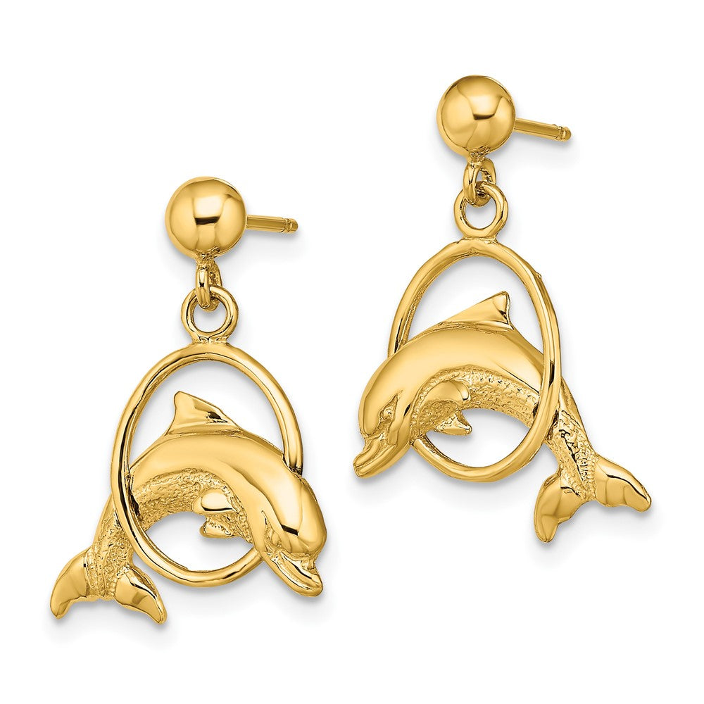 10K Yellow Gold 10K Polished Dolphin Jumping Through Hoop Earrings
