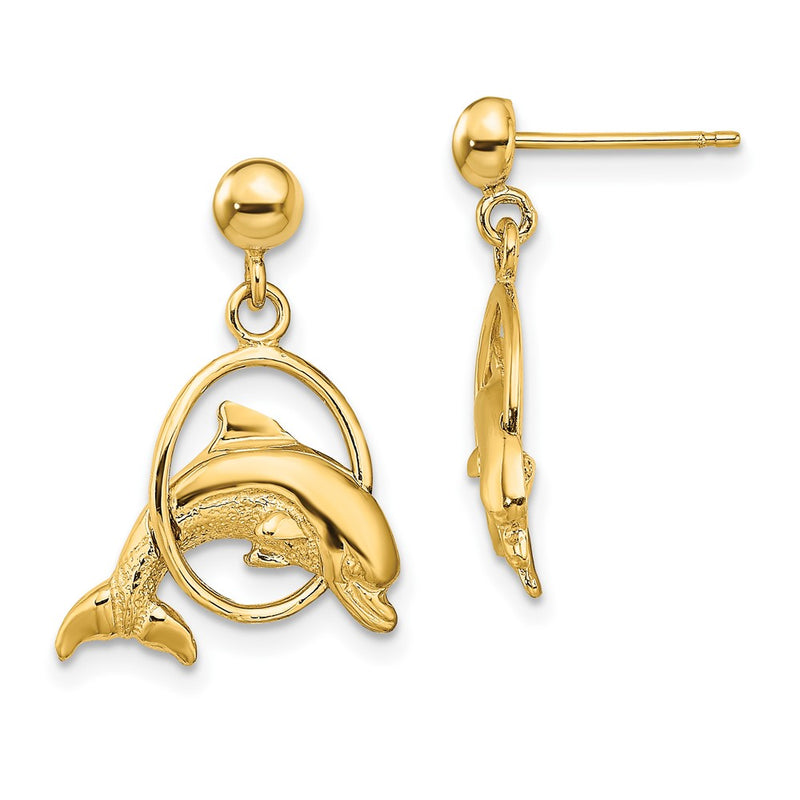 10K Yellow Gold 10K Polished Dolphin Jumping Through Hoop Earrings