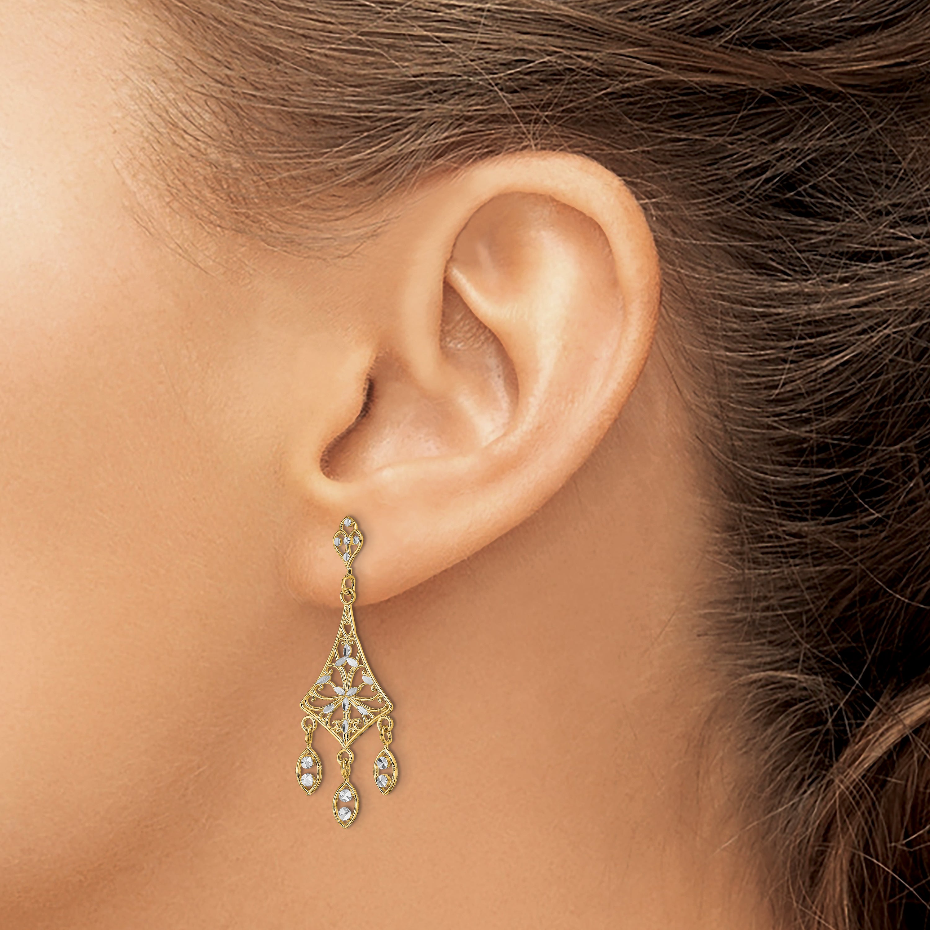 10K Yellow W/Rhodium 10K Filigree Chandelier Dangle Earrings