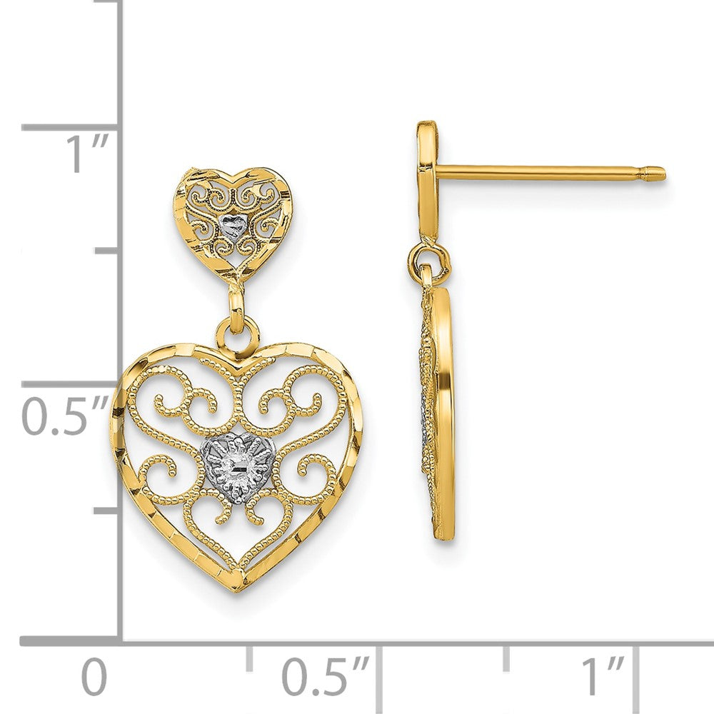 10K Yellow W/Rhodium W/ Rh Heart Beaded Filigree Dangle Earrings