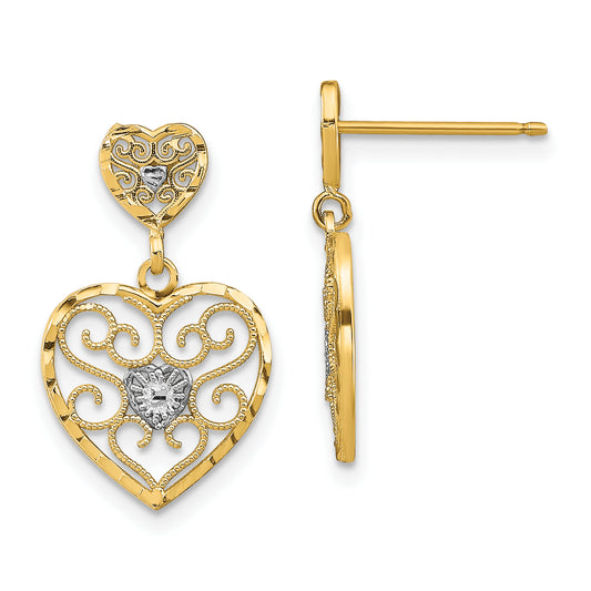 10K Yellow W/Rhodium W/ Rh Heart Beaded Filigree Dangle Earrings