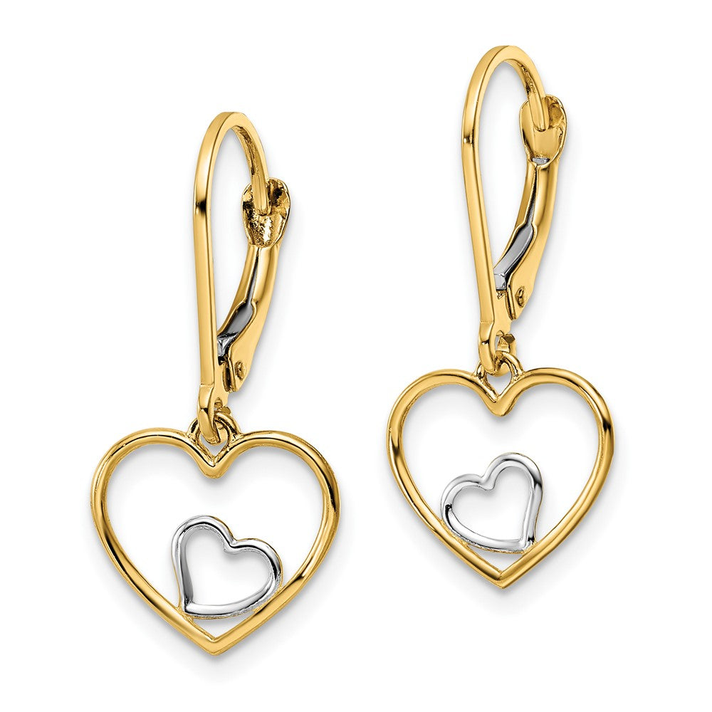 10K Yellow W/Rhodium Heart In Leverback Dangle Earrings