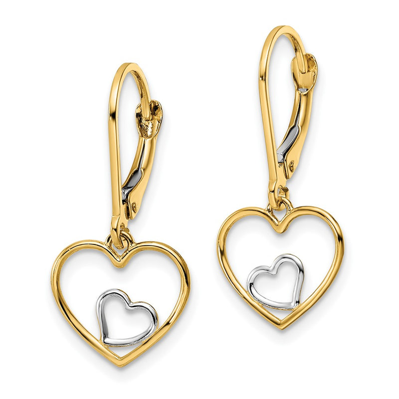 10K Yellow W/Rhodium Heart In Leverback Dangle Earrings
