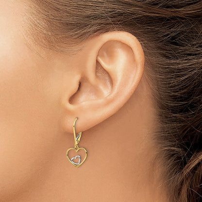 10K Yellow W/Rhodium Heart In Leverback Dangle Earrings