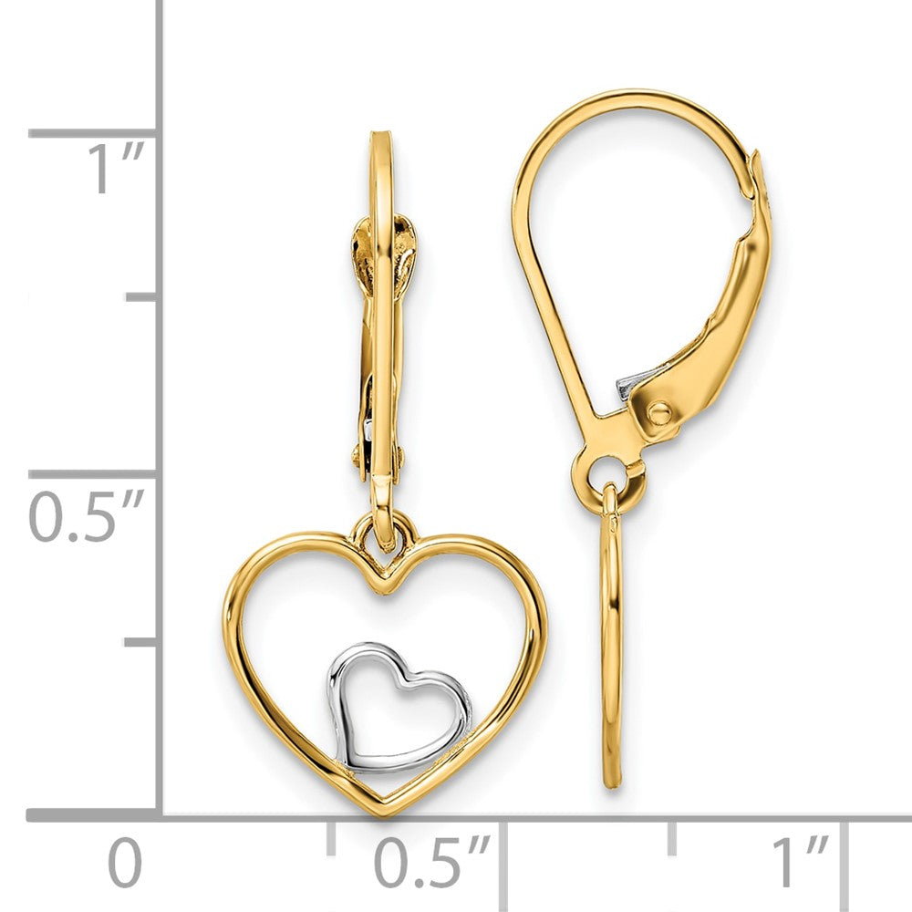 10K Yellow W/Rhodium Heart In Leverback Dangle Earrings