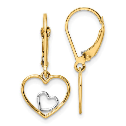 10K Yellow W/Rhodium Heart In Leverback Dangle Earrings