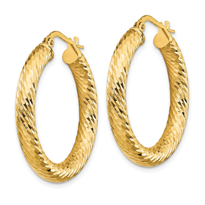 10K Yellow Gold 4X20mm Diamond-Cut Round Hoop Earrings