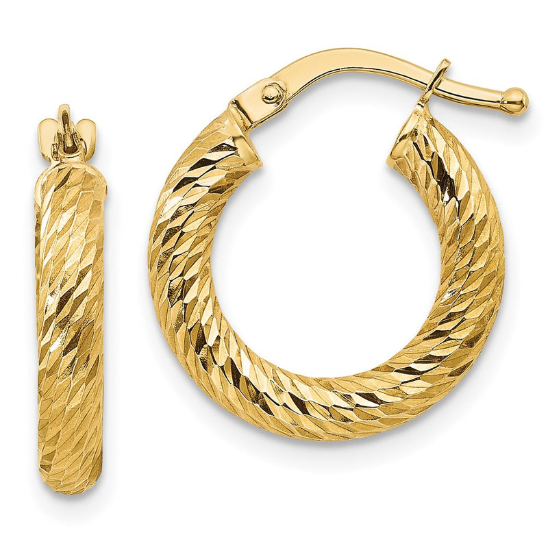 10K Yellow Gold 3X10 Diamond-Cut Round Hoop Earrings