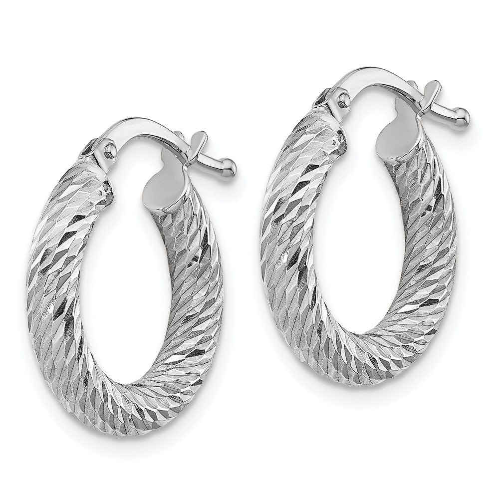 10K White Gold 3X10 Diamond-Cut Round Hoop Earrings