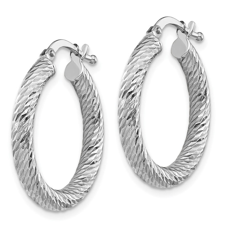 10K White Gold 3X15 Diamond-Cut Round Hoop Earrings