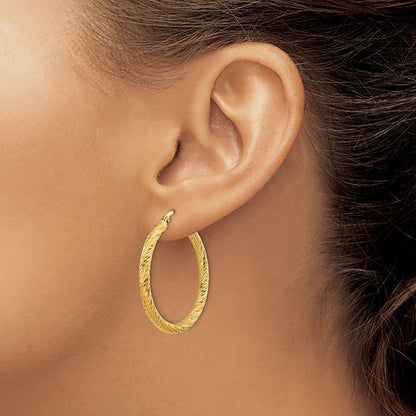 10K Yellow Gold 3X25 Diamond-Cut Round Hoop Earrings