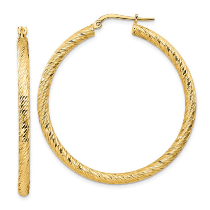 10K Yellow Gold 3X35 Diamond-Cut Round Hoop Earrings