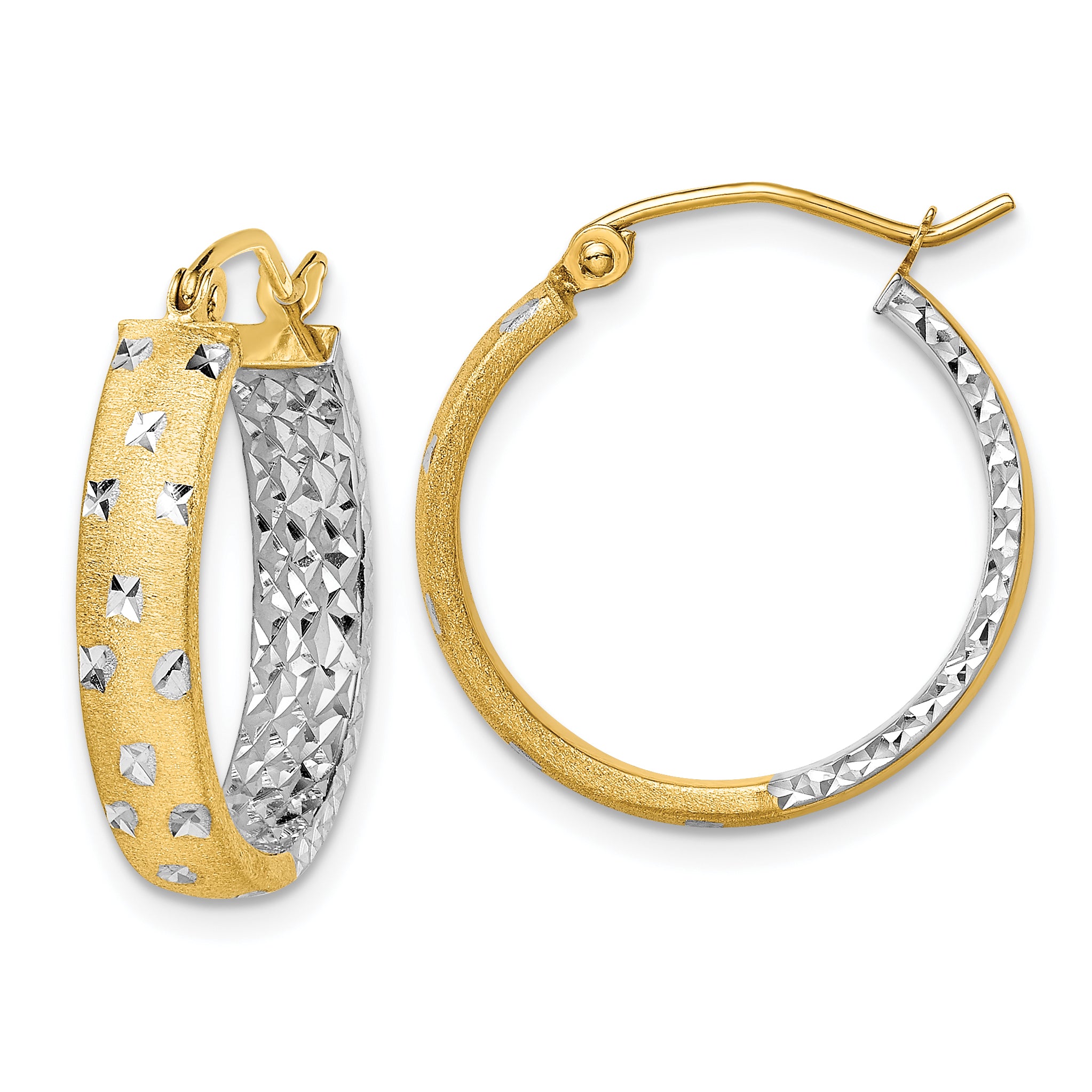 10K Yellow W/Rhodium W/White Rhodium Satin Polished Diamond-Cut In/Out Hoop Earrings