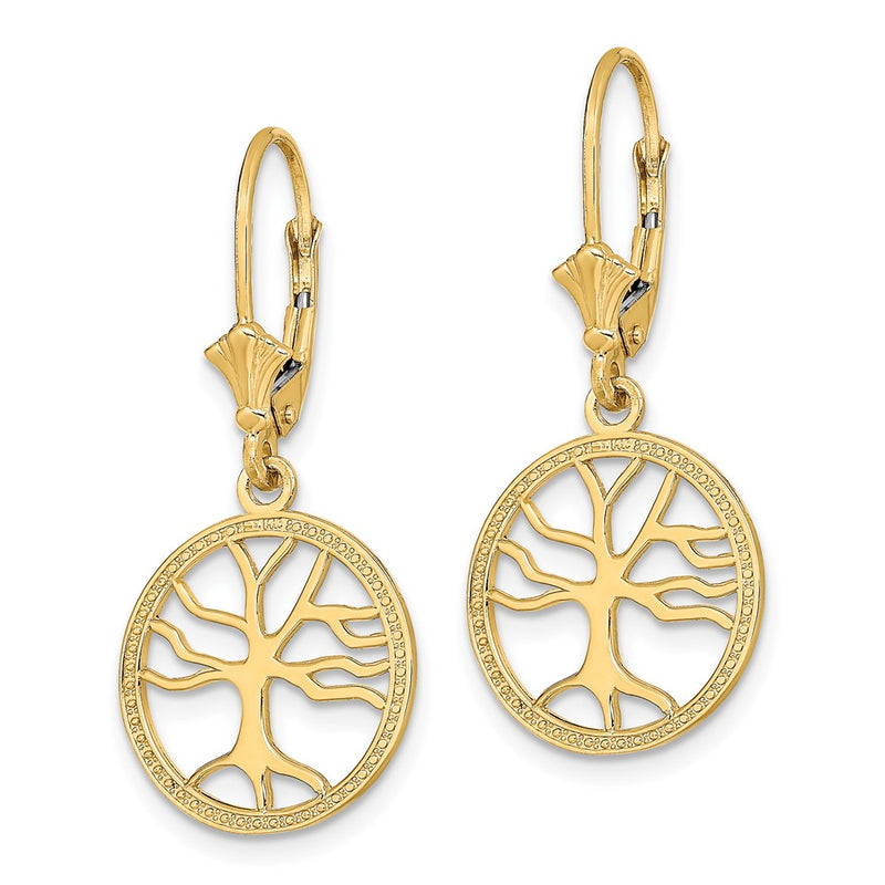 10K Yellow Gold 10K Tree Of Life In Round Frame Leverback Earrings