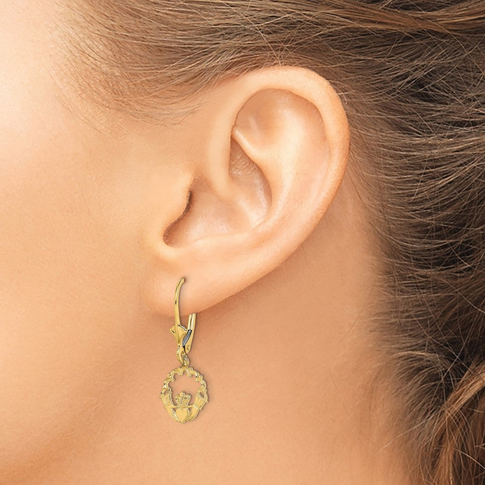 10K Yellow Gold Polished Claddagh Leverback Earrings