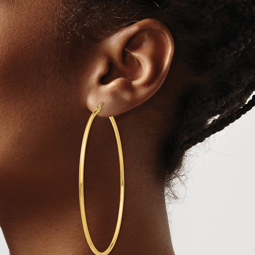 10K Yellow Gold Polished 2X70mm Lightweight Tube Hoop Earrings