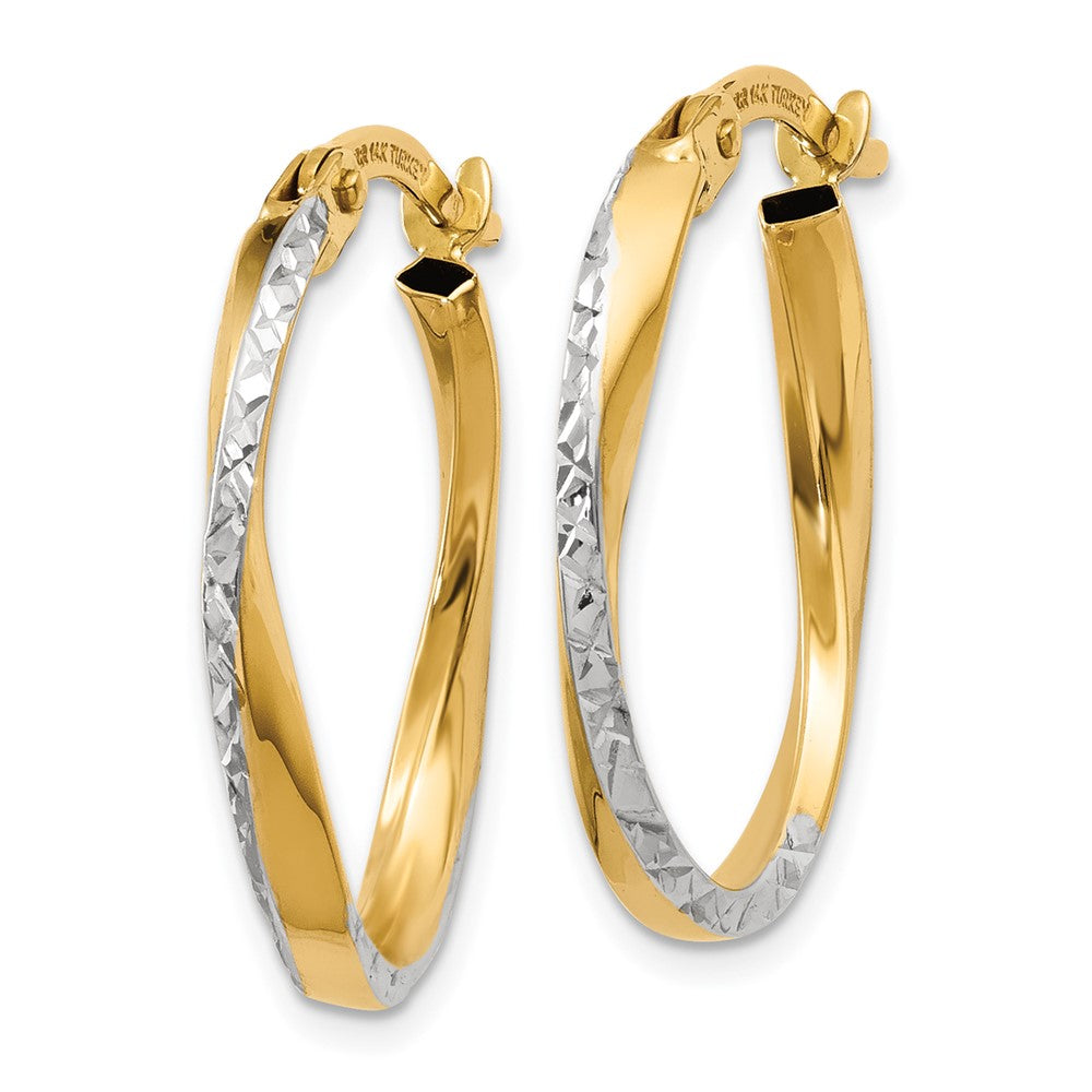 10K Yellow W/Rhodium W/White Rhodium Textured And Polished Oval Hoop Earrings