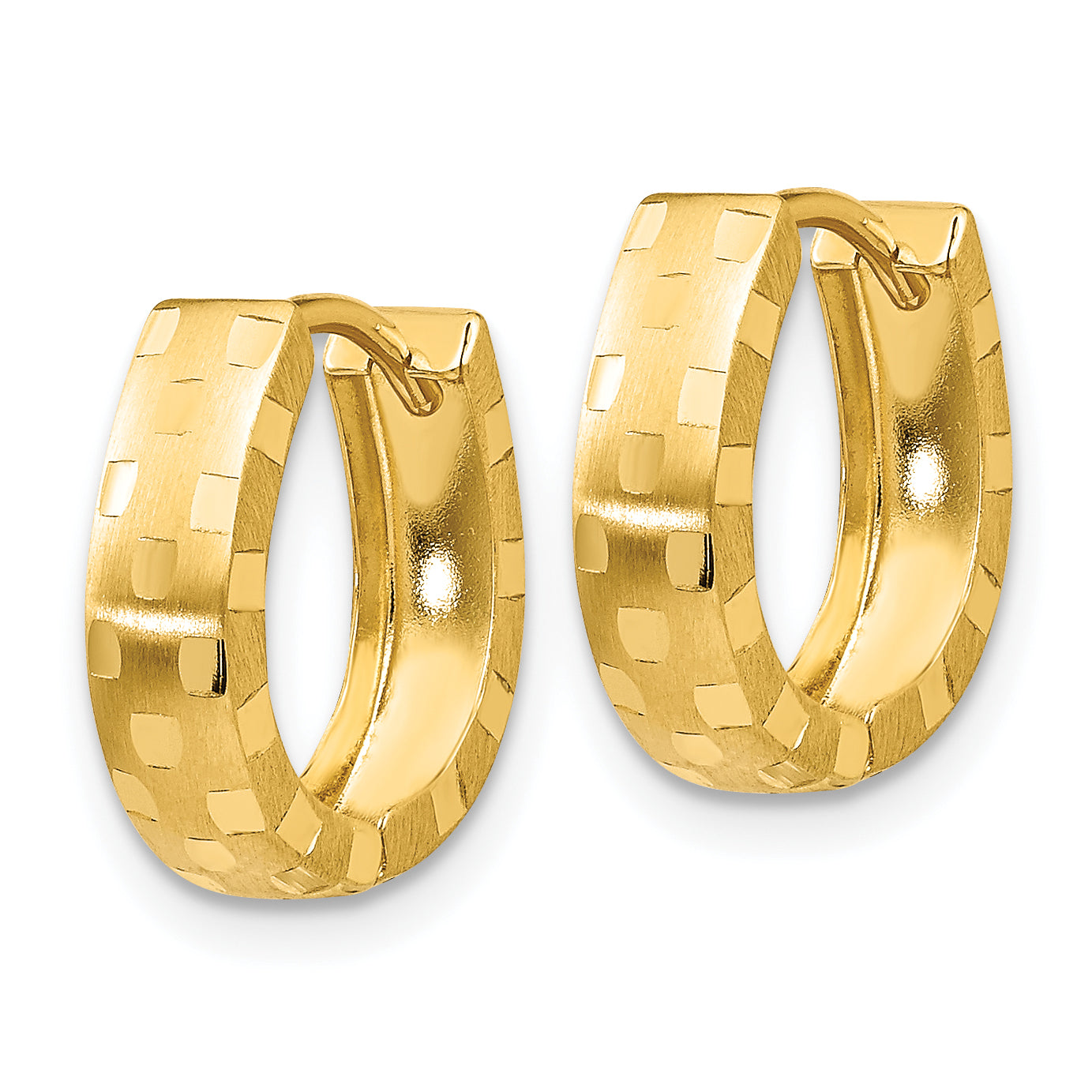 10K Yellow Gold Diamond Cut 4mm Patterned Hinged Hoop Earrings