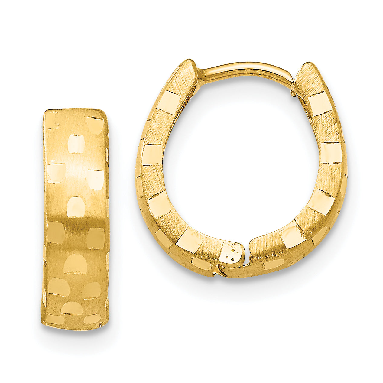 10K Yellow Gold Diamond Cut 4mm Patterned Hinged Hoop Earrings