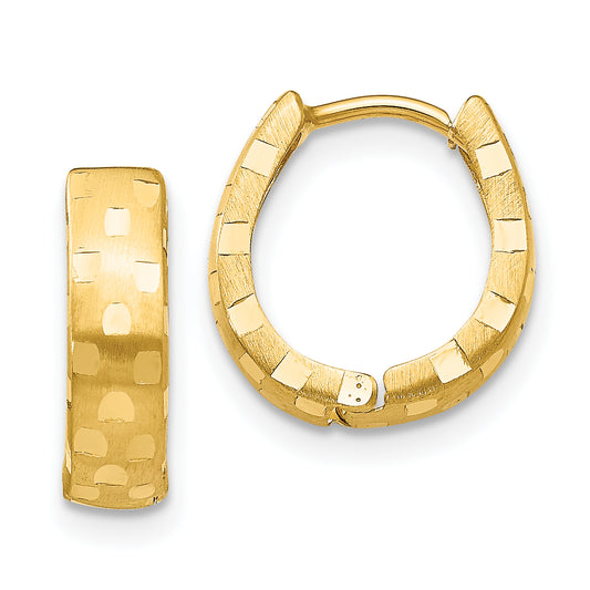 10K Yellow Gold Diamond Cut 4mm Patterned Hinged Hoop Earrings